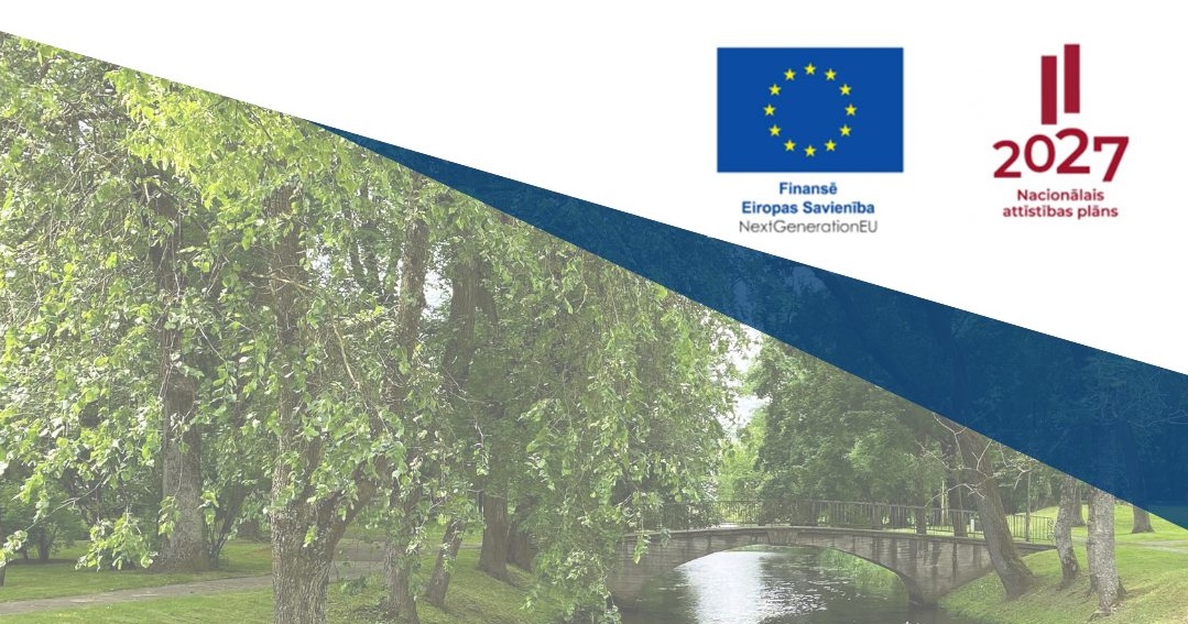 Raksta titulbilde: Zaļš parks vasaras dienā un Eiropas Savienības un Latvijas Nacionālā attīstības plāna 2027 logotipi.